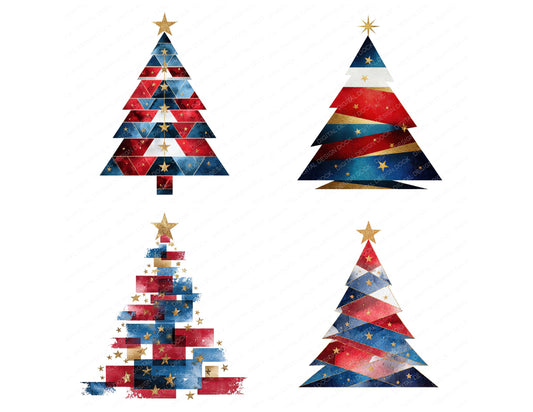 Preview layout showing Abstract USA Christmas Tree clipart elements for scrapbooking, junk journals, and card making