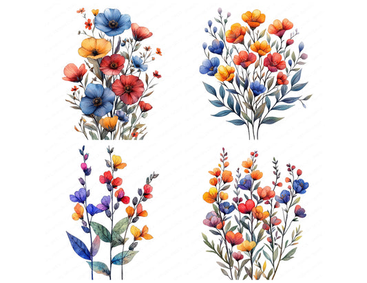 Preview layout showing Abstract Wildflowers clipart elements for scrapbooking, junk journals, and card making