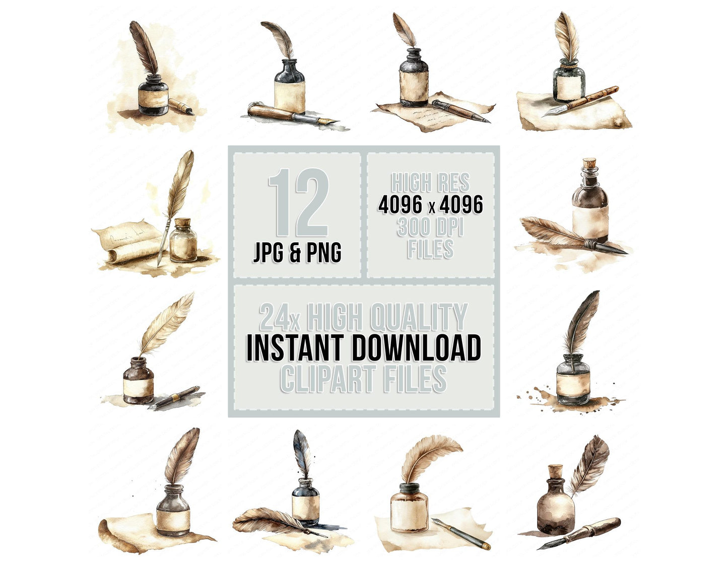 Antique Pen and Inkwell Clipart Set (DDD004587)