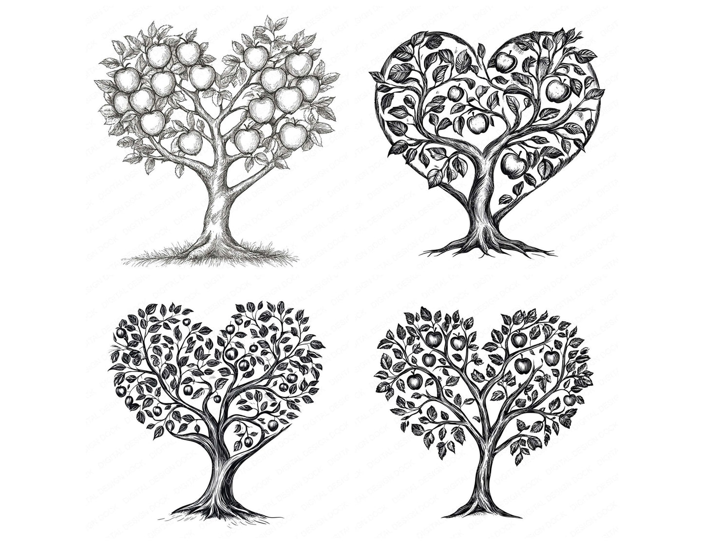 Apple Tree Love Heart Sketch Clipart Set (DDD004614)