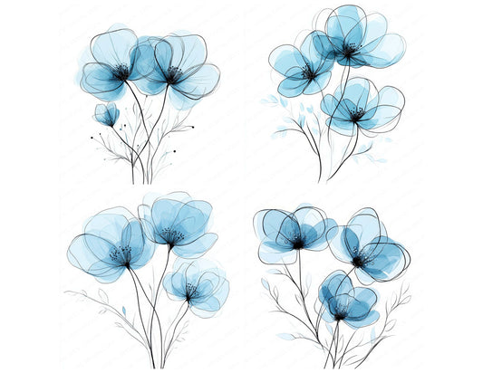 Preview layout showing Aqua Blue Abstract Flowers clipart elements for scrapbooking, junk journals, and card making