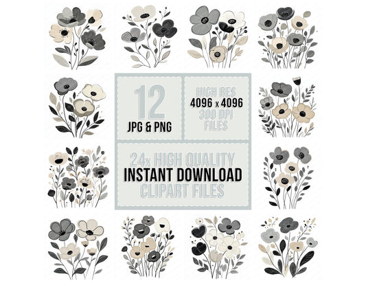 Ash Grey Abstract Flowers Clipart Set (DDD004623)