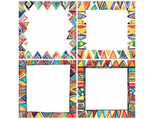 Preview layout showing Aztec Watercolour Pattern Border clipart elements for scrapbooking, junk journals, and card making