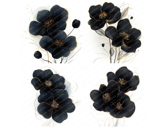 Preview layout showing Black and Gold Abstract Flowers clipart elements for scrapbooking, junk journals, and card making
