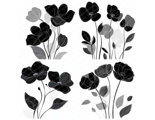 Preview layout showing Black Silver Abstract Flowers clipart elements for scrapbooking, junk journals, and card making