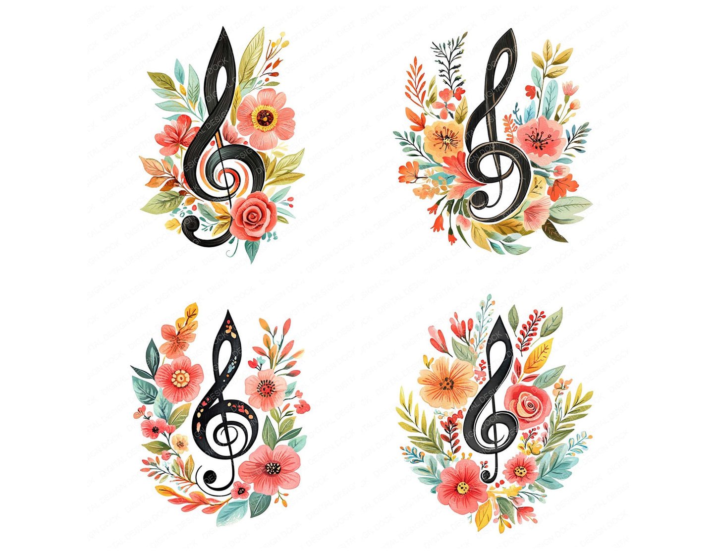 Boho Floral Music Clef Clipart Set (DDD004728)