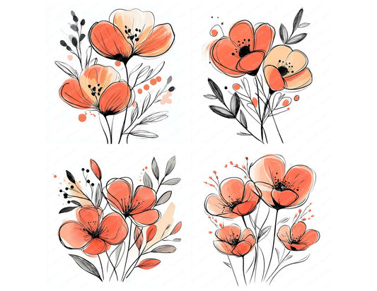 Preview layout showing Bright Coral Abstract Flowers clipart elements for scrapbooking, junk journals, and card making