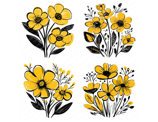 Preview layout showing Bright Yellow Abstract Flowers clipart elements for scrapbooking, junk journals, and card making