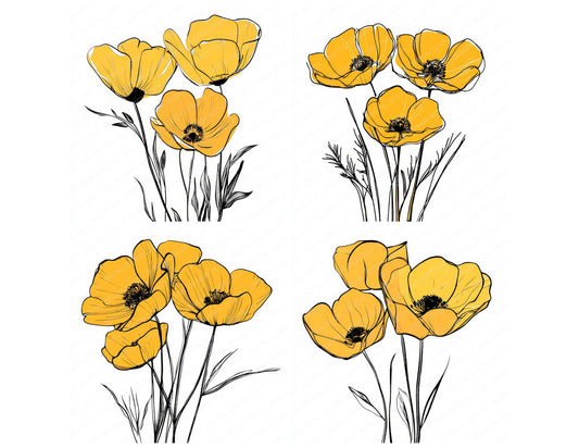 Preview layout showing Buttercup Yellow Abstract Flowers clipart elements for scrapbooking, junk journals, and card making