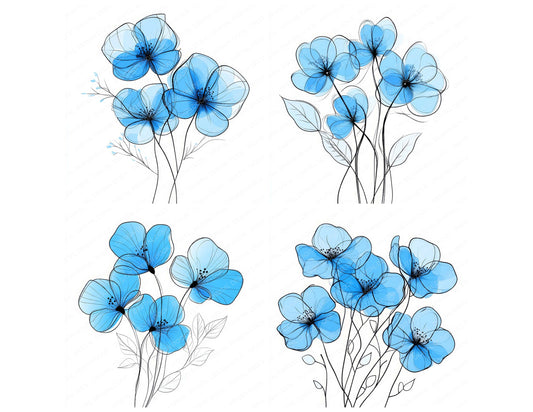 Preview layout showing Cerulean Blue Abstract Flowers clipart elements for scrapbooking, junk journals, and card making