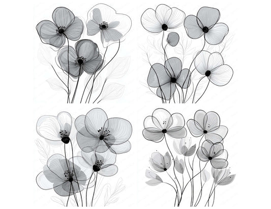Preview layout showing Cloud Grey Abstract Flowers clipart elements for scrapbooking, junk journals, and card making