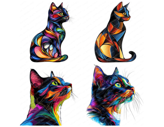 Preview layout showing Colouful Abstract Cat clipart elements for scrapbooking, junk journals, and card making