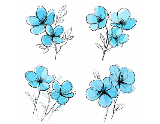 Preview layout showing Cyan Abstract Flowers clipart elements for scrapbooking, junk journals, and card making