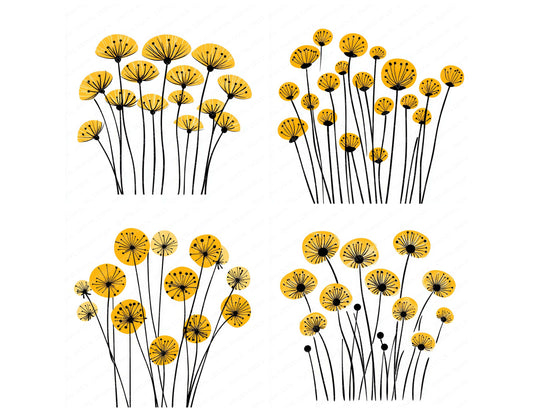 Preview layout showing Dandelion Yellow Abstract Flowers clipart elements for scrapbooking, junk journals, and card making