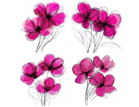 Preview layout showing Deep Magenta Abstract Flowers clipart elements for scrapbooking, junk journals, and card making