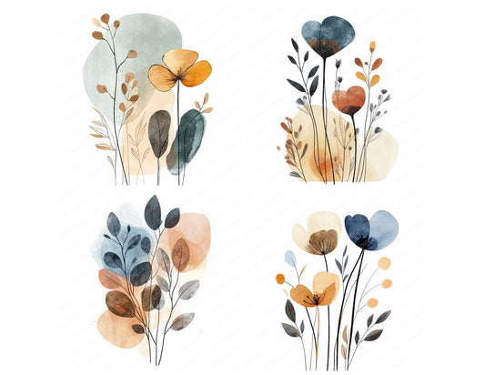 Preview layout showing Earthy Boho Abstract Flowers clipart elements for scrapbooking, junk journals, and card making