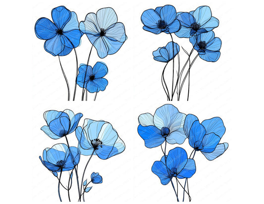 Preview layout showing Electric Blue Abstract Flowers clipart elements for scrapbooking, junk journals, and card making