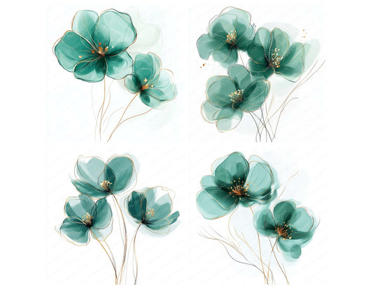 Preview layout showing Emerald Green Abstract Flowers clipart elements for scrapbooking, junk journals, and card making