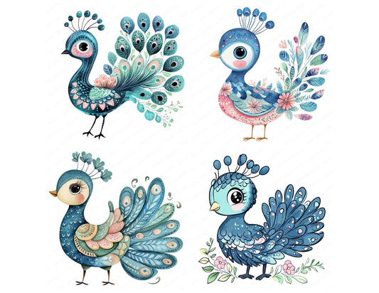Preview layout showing Flat Folk Art Baby Peacock clipart elements for scrapbooking, junk journals, and card making