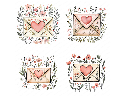 Preview layout showing Flat Folk Art Love Letter clipart elements for scrapbooking, junk journals, and card making