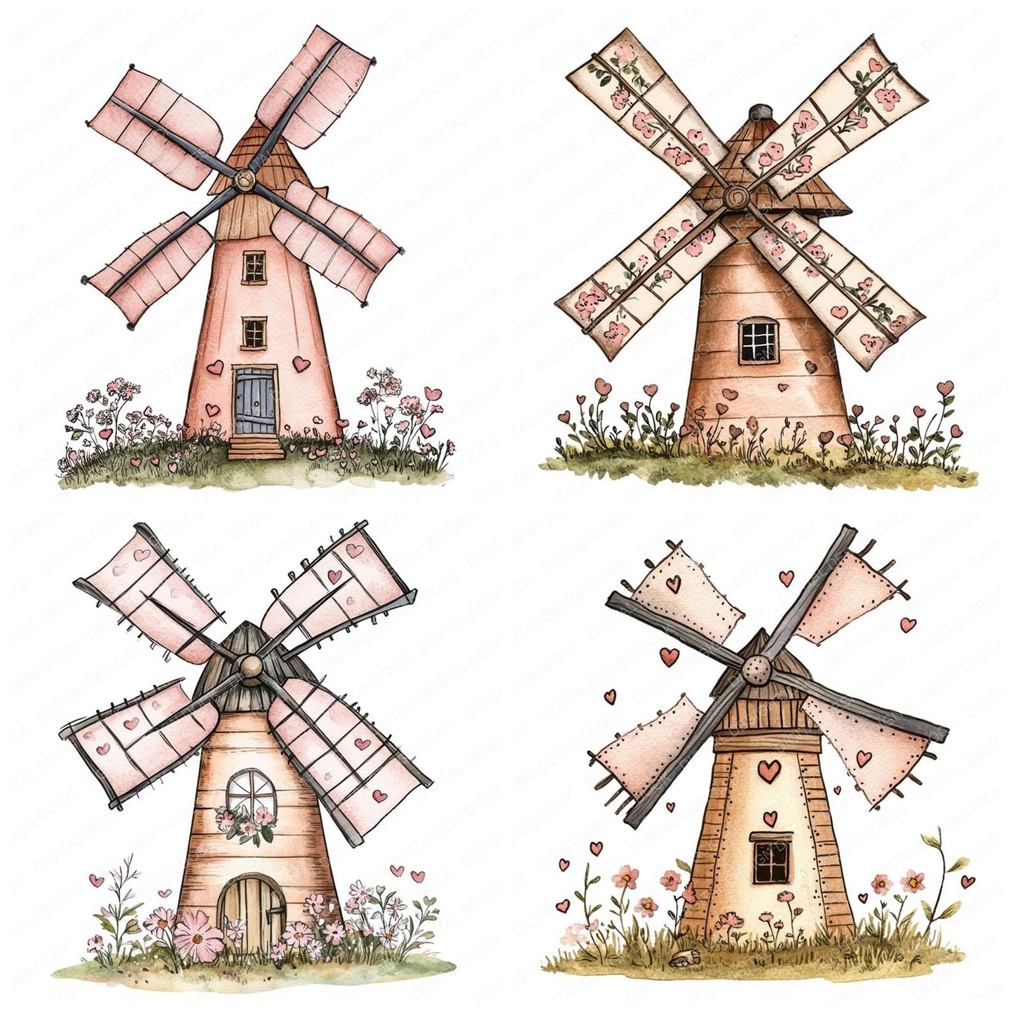 Flat Folk Art Windmill Clipart Set (DDD005356)