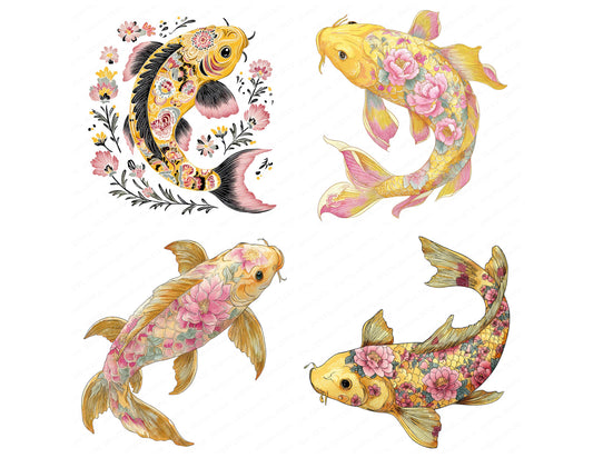 Preview layout showing Floral Pattern Koi Carp clipart elements for scrapbooking, junk journals, and card making