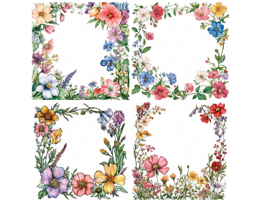 Preview layout showing Floral Spring Border clipart elements for scrapbooking, junk journals, and card making