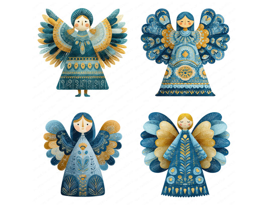 Preview layout showing Folk Art Christmas Angel clipart elements for scrapbooking, junk journals, and card making