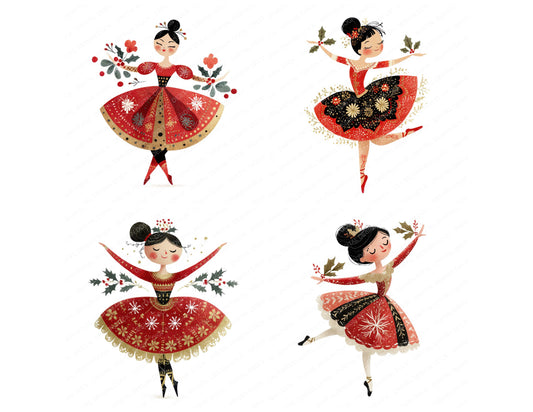 Preview layout showing Folk Art Christmas Ballerina clipart elements for scrapbooking, junk journals, and card making
