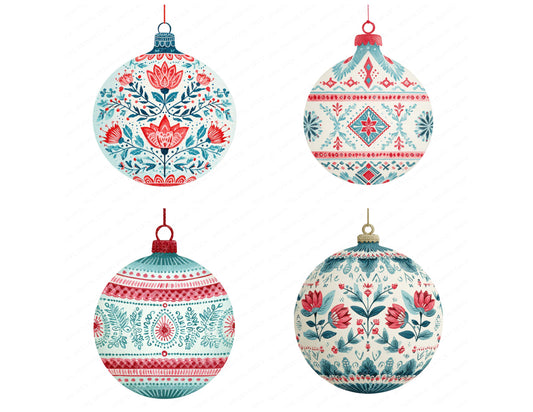 Preview layout showing Folk Art Christmas Bauble clipart elements for scrapbooking, junk journals, and card making