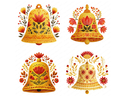 Preview layout showing Folk Art Christmas Bell clipart elements for scrapbooking, junk journals, and card making