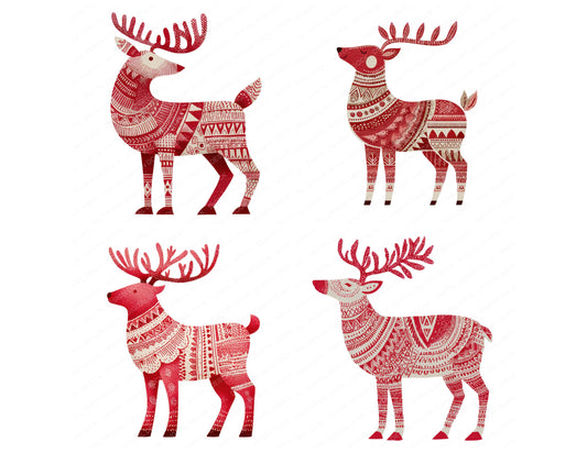 Preview layout showing Folk Art Christmas Reindeer clipart elements for scrapbooking, junk journals, and card making
