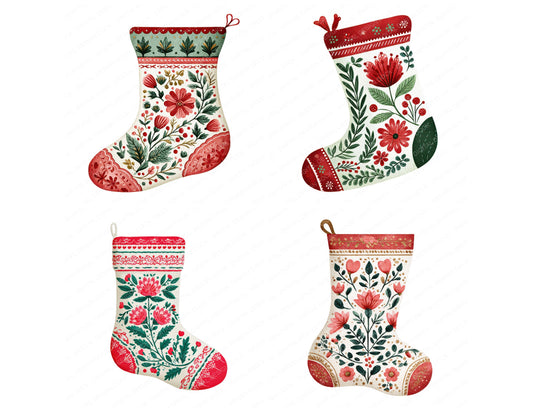 Preview layout showing Folk Art Christmas Stocking clipart elements for scrapbooking, junk journals, and card making
