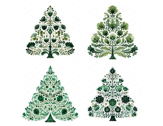 Preview layout showing Folk Art Christmas Tree clipart elements for scrapbooking, junk journals, and card making