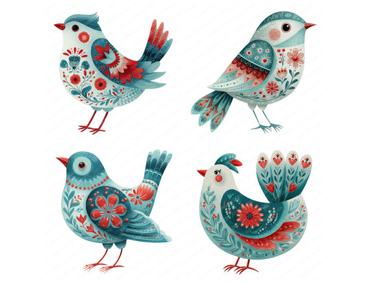 Preview layout showing Folk Art Floral Christmas Bird clipart elements for scrapbooking, junk journals, and card making