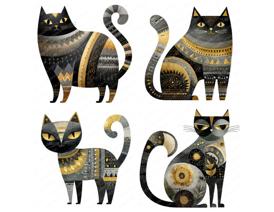 Preview layout showing Folk Art Halloween Cat clipart elements for scrapbooking, junk journals, and card making