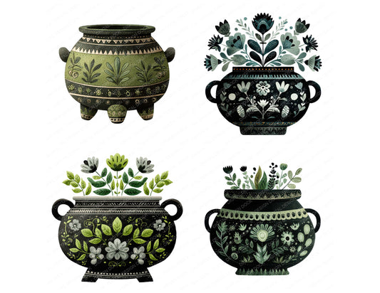 Preview layout showing Folk Art Halloween Cauldron clipart elements for scrapbooking, junk journals, and card making