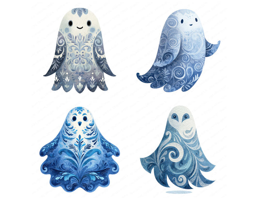 Preview layout showing Folk Art Halloween Ghost clipart elements for scrapbooking, junk journals, and card making