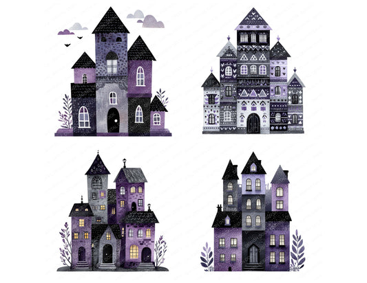 Preview layout showing Folk Art Halloween House clipart elements for scrapbooking, junk journals, and card making