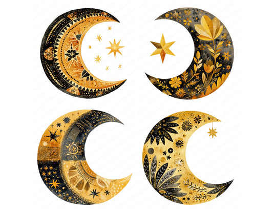 Preview layout showing Folk Art Halloween Moon clipart elements for scrapbooking, junk journals, and card making