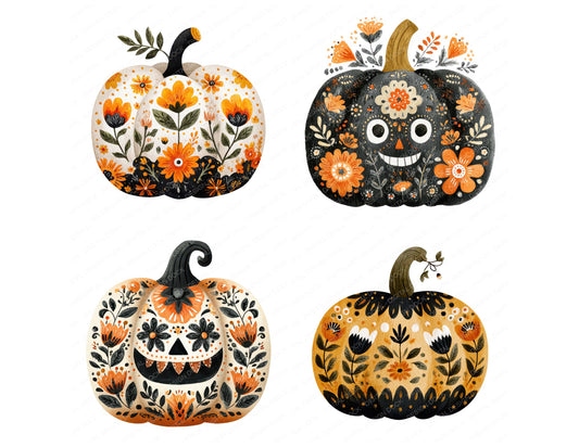 Preview layout showing Folk Art Halloween Pumpkin clipart elements for scrapbooking, junk journals, and card making