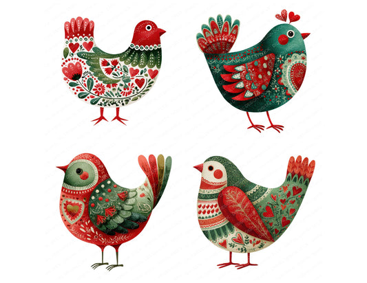 Preview layout showing Folk Art Heart Christmas Bird clipart elements for scrapbooking, junk journals, and card making