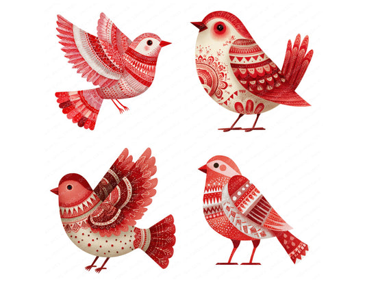 Preview layout showing Folk Art Red Christmas Bird clipart elements for scrapbooking, junk journals, and card making