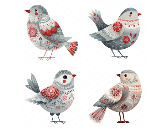 Preview layout showing Folk Art Snowflake Christmas Bird clipart elements for scrapbooking, junk journals, and card making