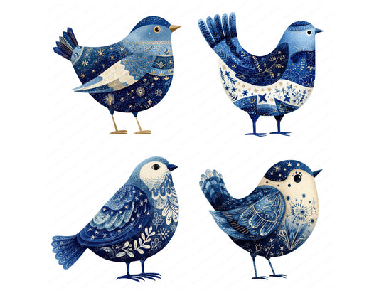 Preview layout showing Folk Art Star Christmas Bird clipart elements for scrapbooking, junk journals, and card making