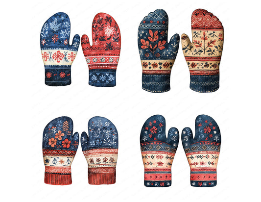 Preview layout showing Folk Pattern Mittens clipart elements for scrapbooking, junk journals, and card making