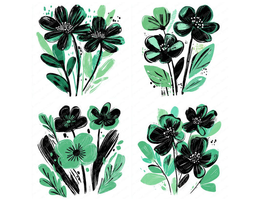 Preview layout showing Forest Green Abstract Flowers clipart elements for scrapbooking, junk journals, and card making