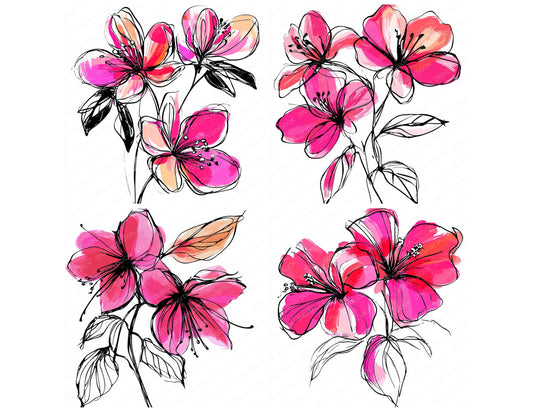 Preview layout showing Fuchsia Abstract Flowers clipart elements for scrapbooking, junk journals, and card making