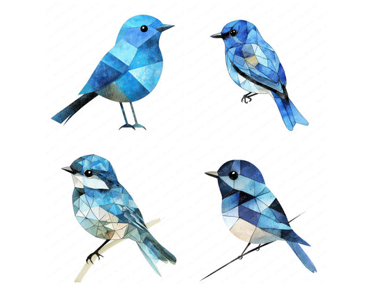 Preview layout showing Geometric Bluebird Abstract clipart elements for scrapbooking, junk journals, and card making