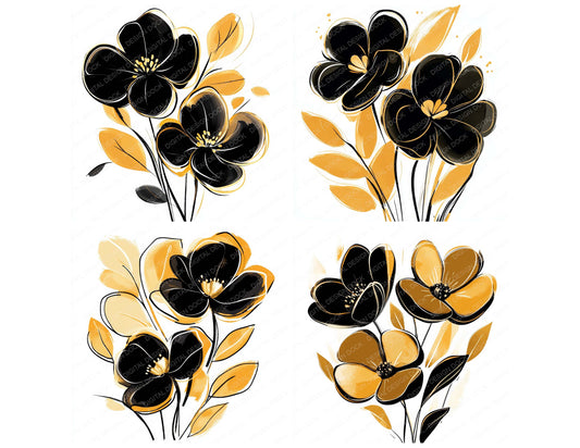 Preview layout showing Gold and Black Abstract Flowers clipart elements for scrapbooking, junk journals, and card making
